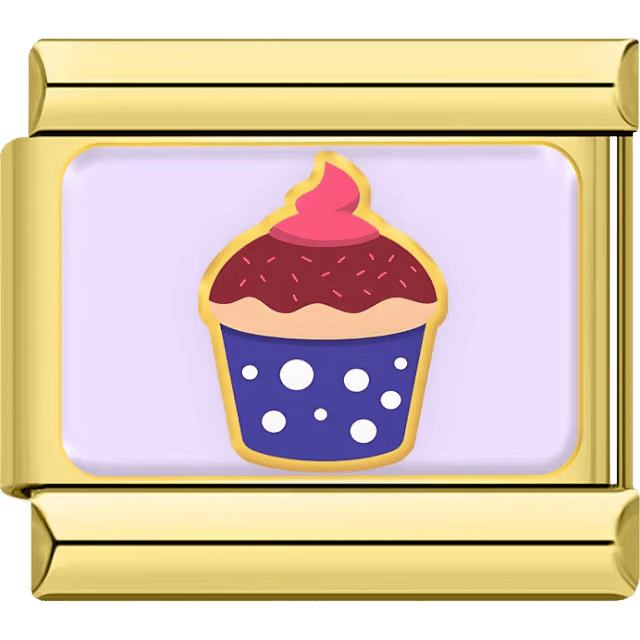 Cupcake with pink frosting on a gold Italian charm